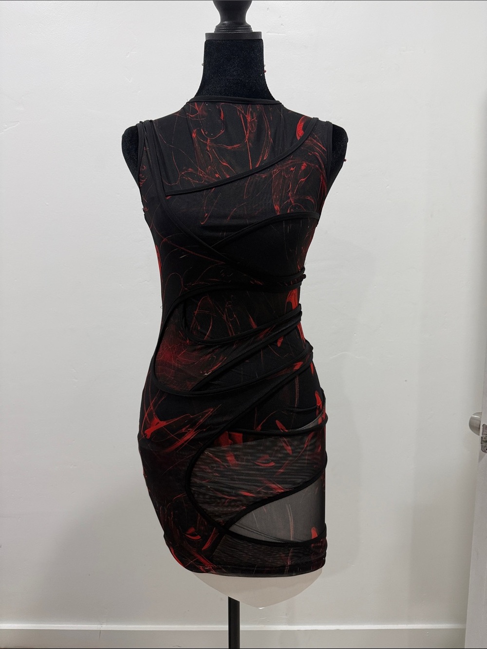 Sleeveless Black & Red Sheer Panel Bodycon Dress